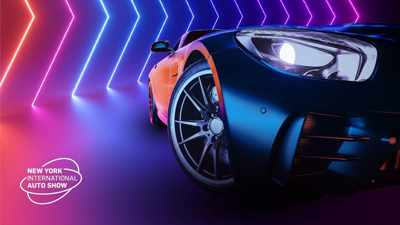 "BE AMAZED": The 2023 New York International Automobile Show poster, revealed today, This year's poster celebrates the rapid acceleration of automobile technology with a bold, high-performance vehicle extending out from the poster, with vibrant pink fonts and neon colors that draw the eye and convey energy and power.