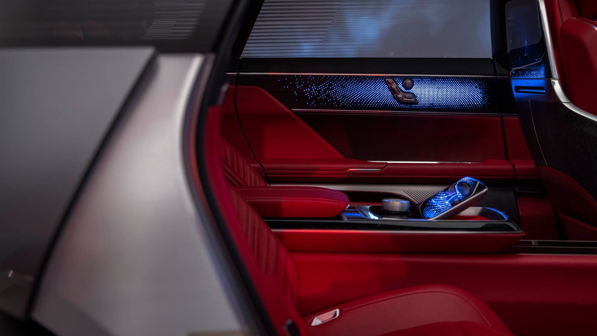 Open rear door look into the interior of the CELESTIQ show car. Show car images displayed throughout (not for sale).