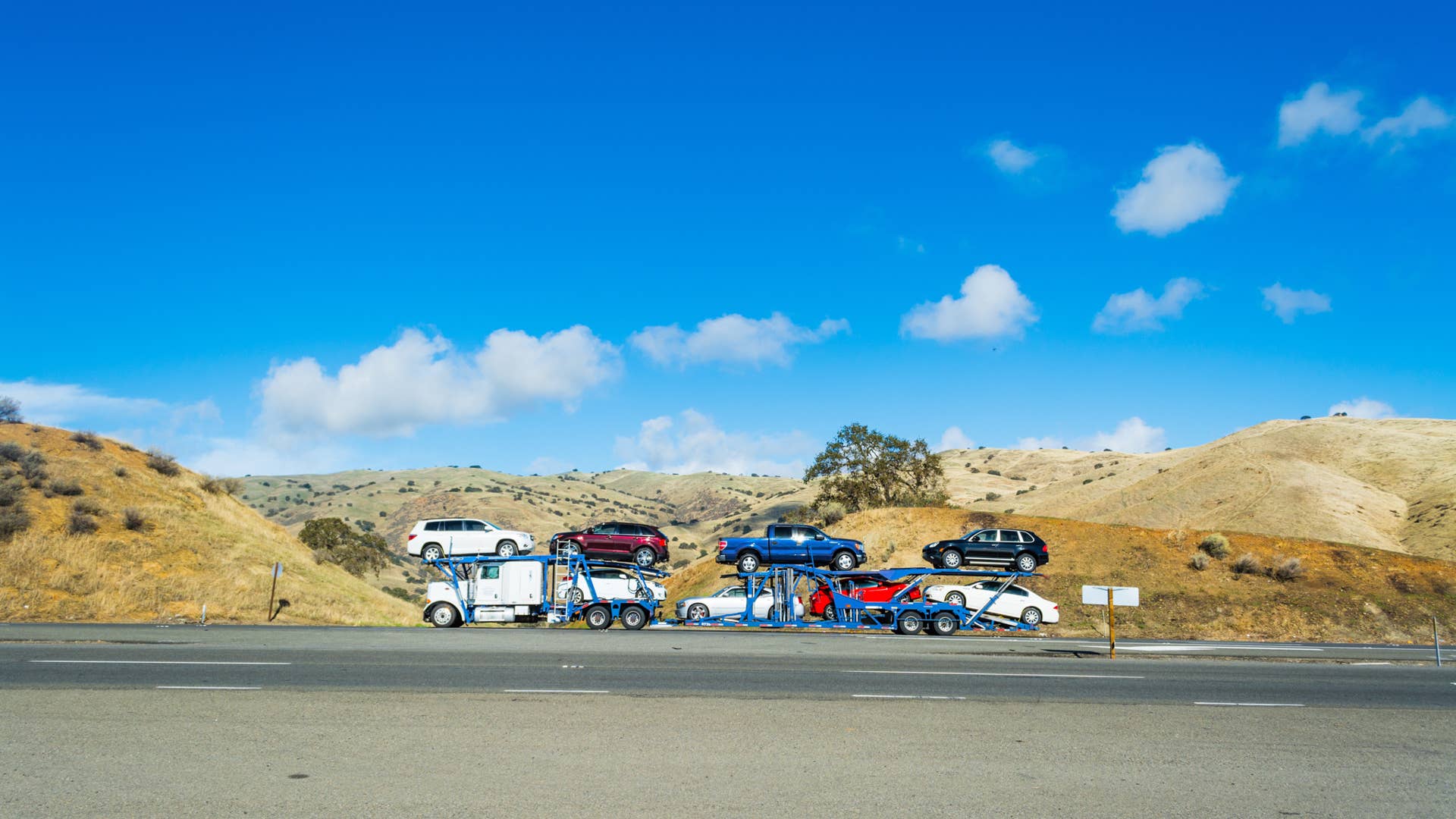CALIFORNIA, USA - OCTOBER 31, 2016: Car transporter in Interstate 5 in California, USA