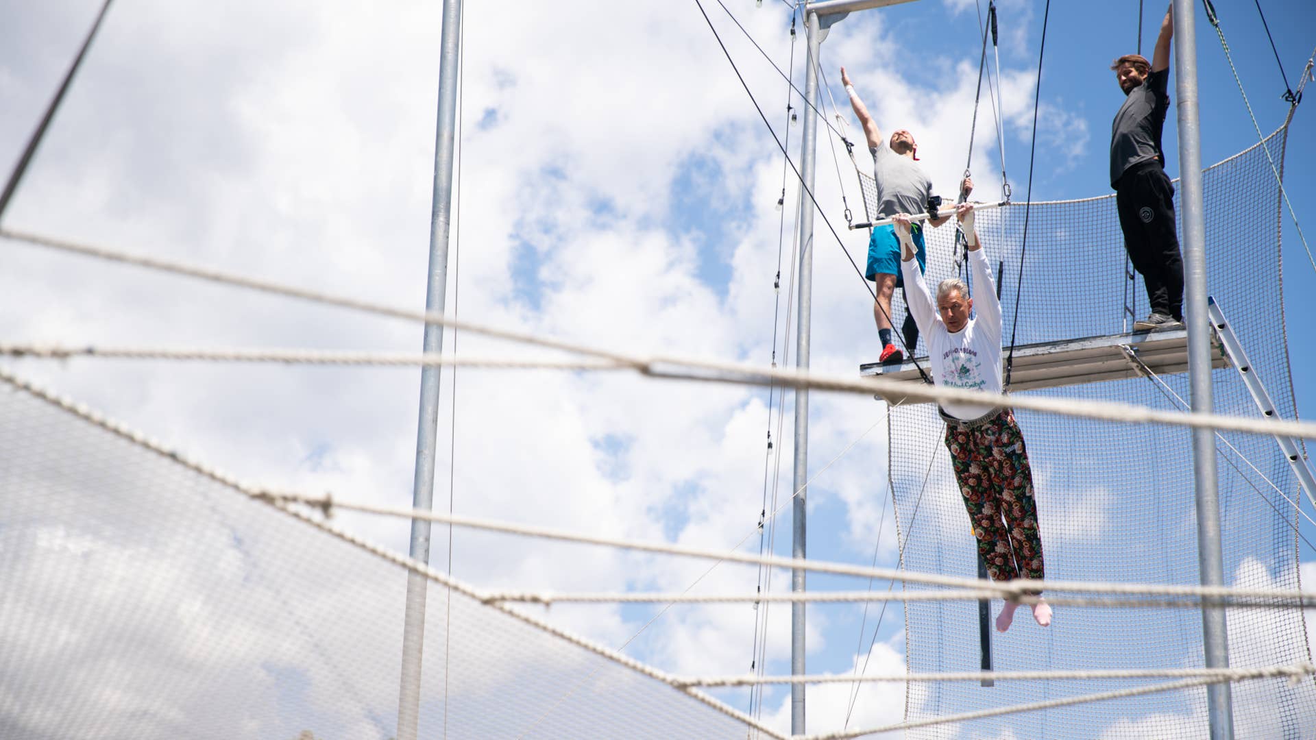 Santa Barbara, CA - Jeff Goldblum swings on trapeze. (Credit: National Geographic)