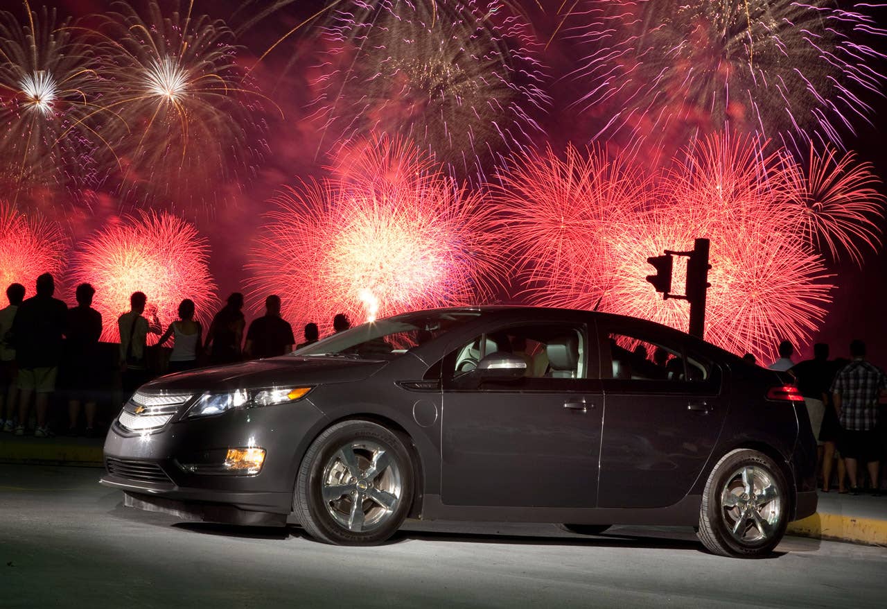 The Chevrolet Volt "Freedom Drive" across the country concludes at Pier 92 during the annual Macy's Independence Day fireworks display over the Hudson River in New York, Sunday, July 4, 2010. The "Freedom Drive" began four days and 1.776 miles ago in Austin, Texas where Chevrolet announced New York, New Jersey, Connecticut and Texas would join Michigan, California and Washington, D.C. as launch sites for the Volt later this year. (Photo by Emile Wamsteker for Chevrolet)
