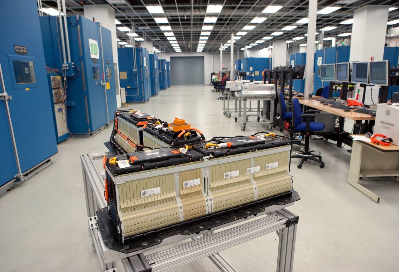 A Chevrolet Volt battery at the General Motors Global Battery Systems Lab in Warren, Michigan Wednesday, June 30, 2010. The Chevrolet Volt will offer customers an unprecedented standard 8 year/100,000 mile warranty on its lithium-ion battery. GM engineers have completed more than 1 million miles and 4 million hours of validation battery testing since 2007. Each Volt battery pack has nine modules and 288 cells. GM designed and engineered 99 percent of the 155 components in each battery. (Photo by John F. Martin for Chevrolet)
