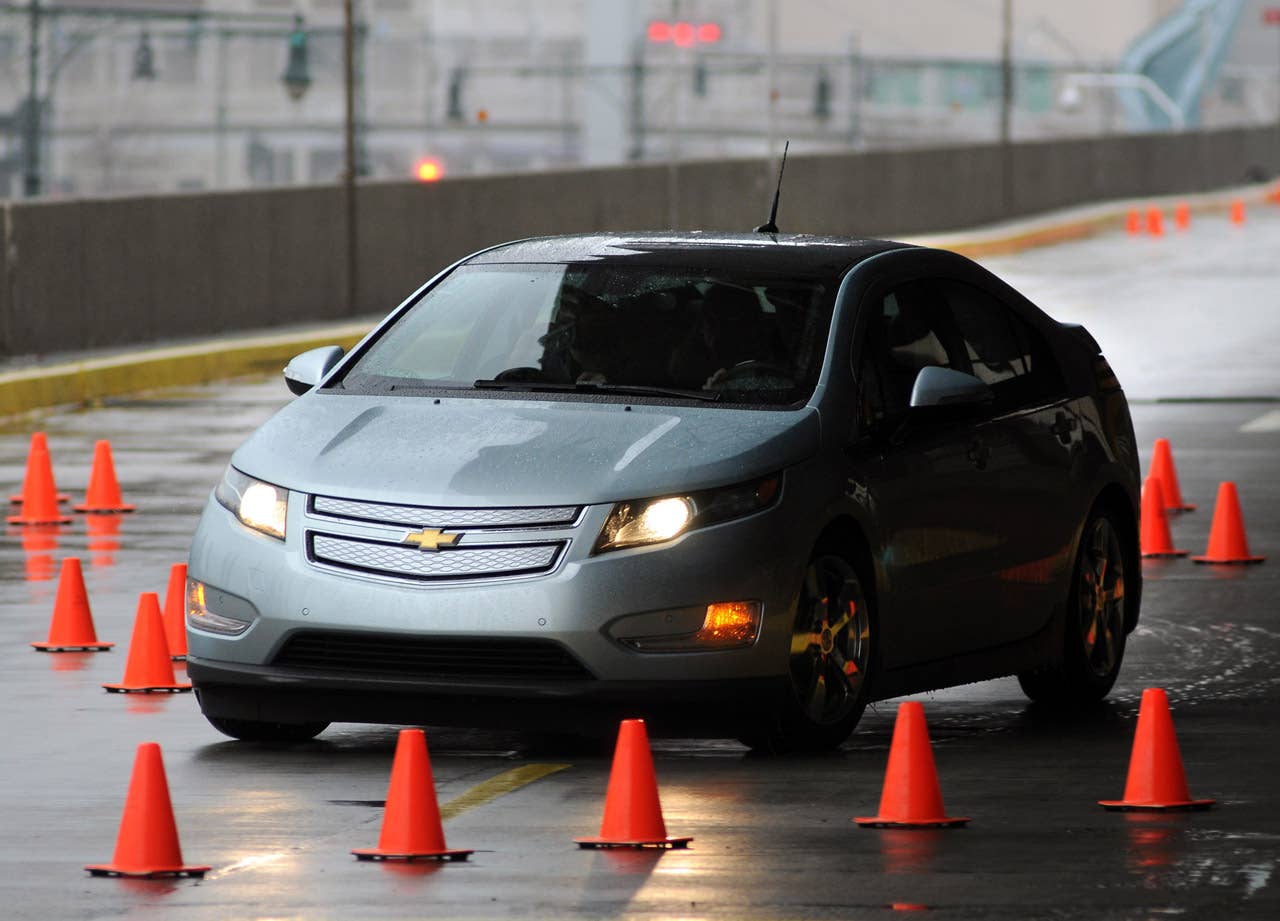 A pre-production Chevrolet Volt electric vehicle with extended range travels around Pier 92 during a media test drive in New York, NY on Monday, March 29, 2010. (Photo by Steve Fecht for Chevrolet) (3/29/2010)