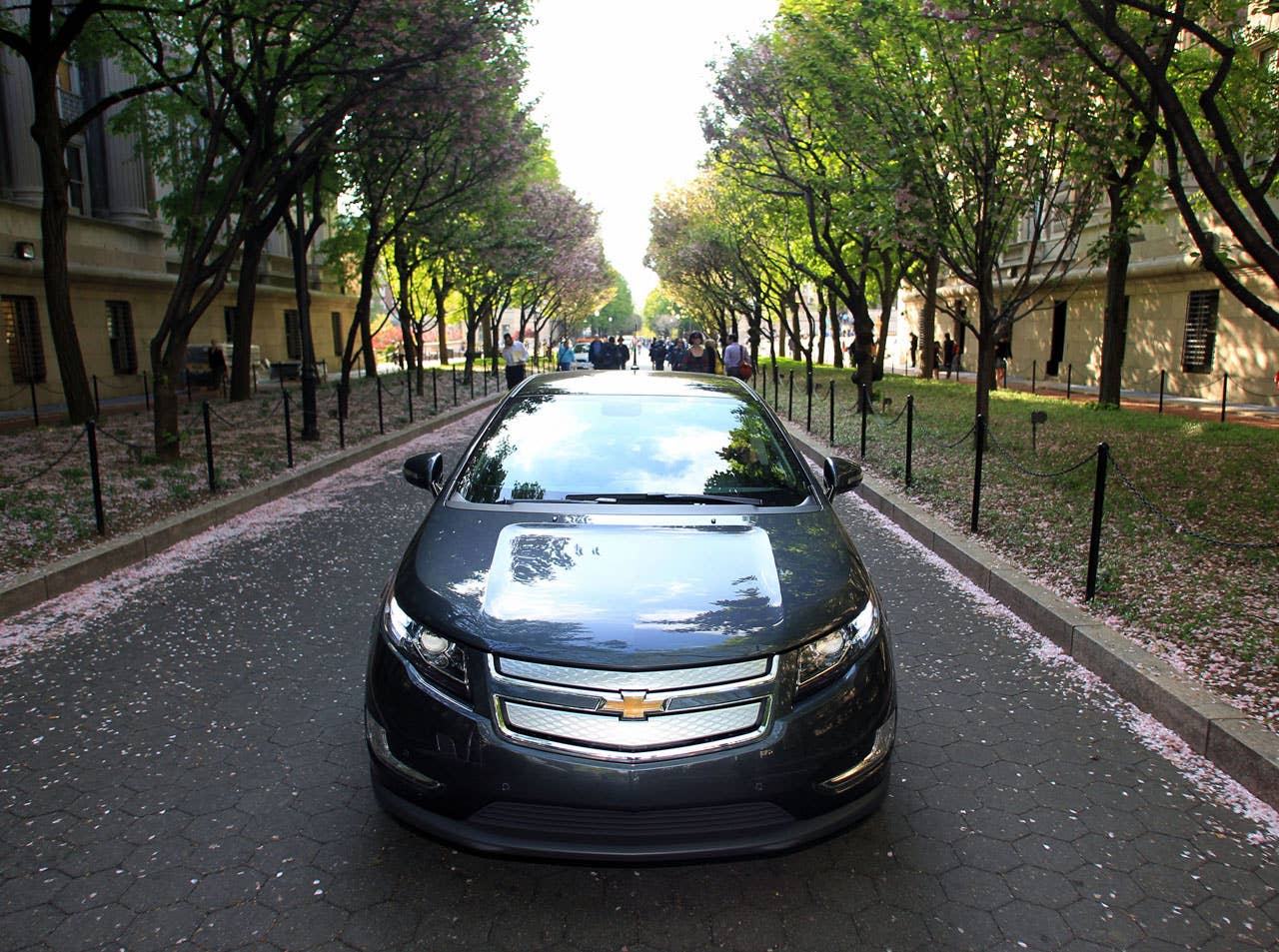 The new Chevrolet Volt electric vehicle with extended range drives through campus at Columbia University on Earth Day, Thursday, April 22, 2010 in New York, NY. (Photo by Todd Plitt for Chevrolet)