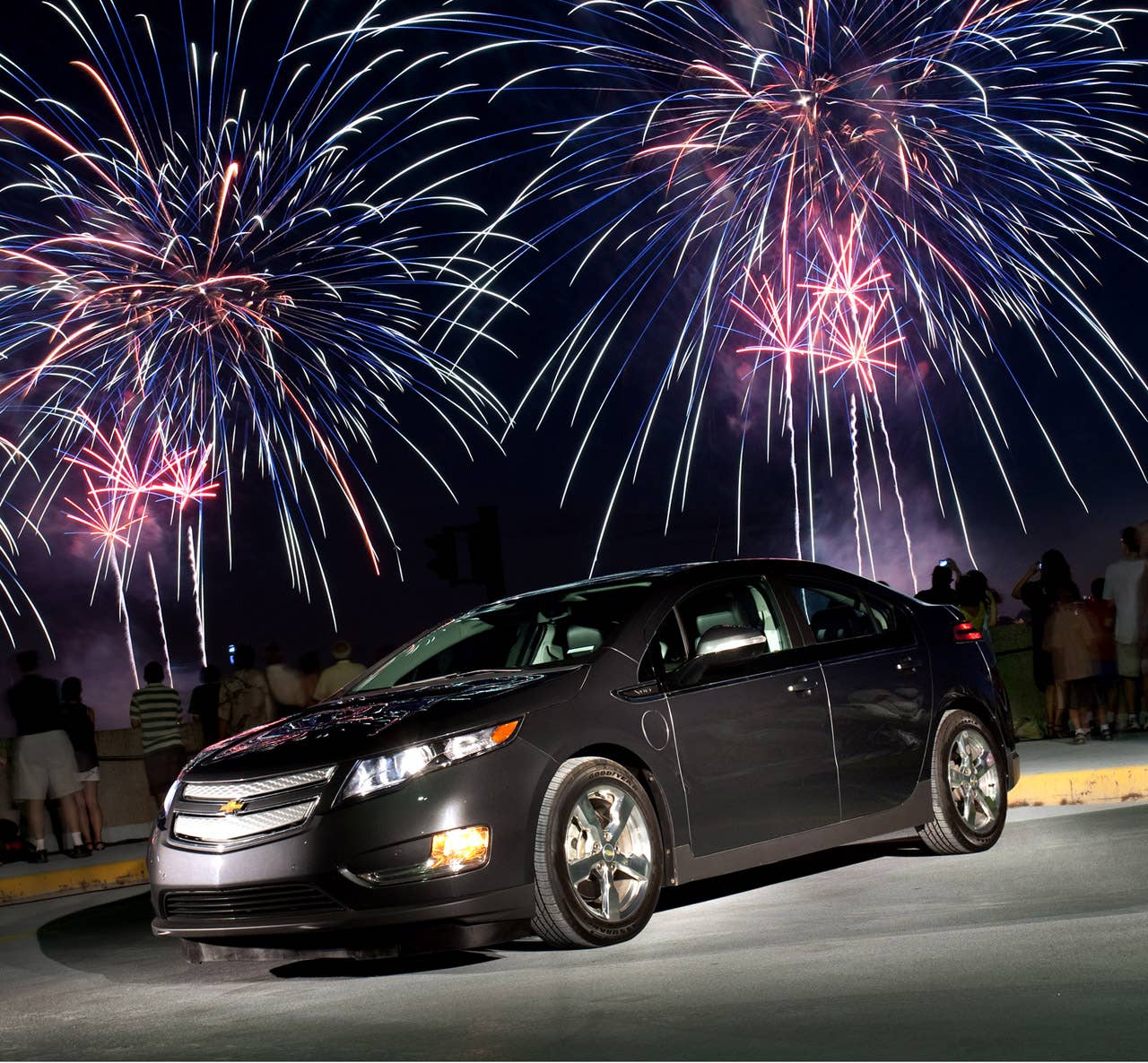 The Chevrolet Volt "Freedom Drive" across the country concludes at Pier 92 during the annual Macy's Independence Day fireworks display over the Hudson River in New York, Sunday, July 4, 2010. The "Freedom Drive" began four days and 1.776 miles ago in Austin, Texas where Chevrolet announced New York, New Jersey, Connecticut and Texas would join Michigan, California and Washington, D.C. as launch sites for the Volt later this year. (Photo by Emile Wamsteker for Chevrolet)