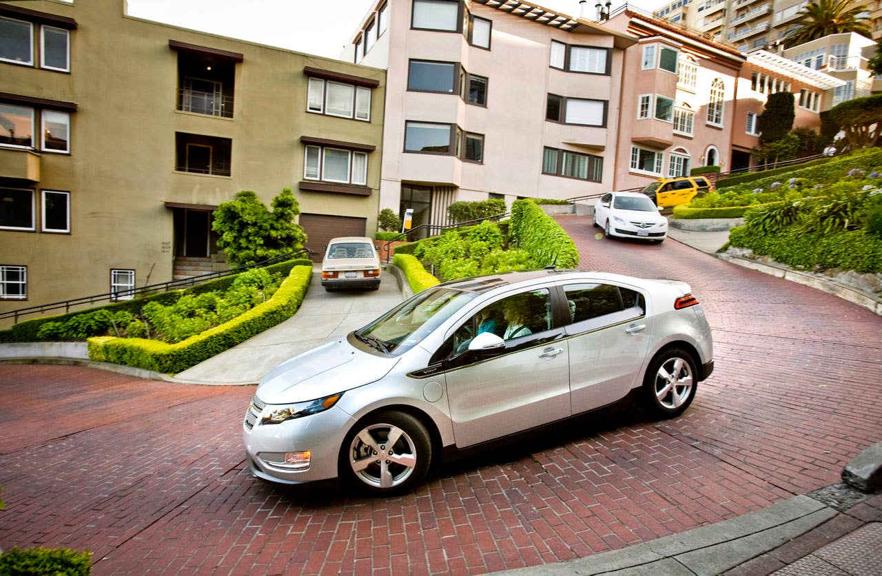 A pre-production Chevrolet Volt navigates the steep climbs of the San Francisco Bay area while on an engineering development drive Saturday, April 25, 2010 in San Francisco, California The Volt will be available in California during the last quarter of 2010. (Photo by Martin Klimek for Chevrolet)