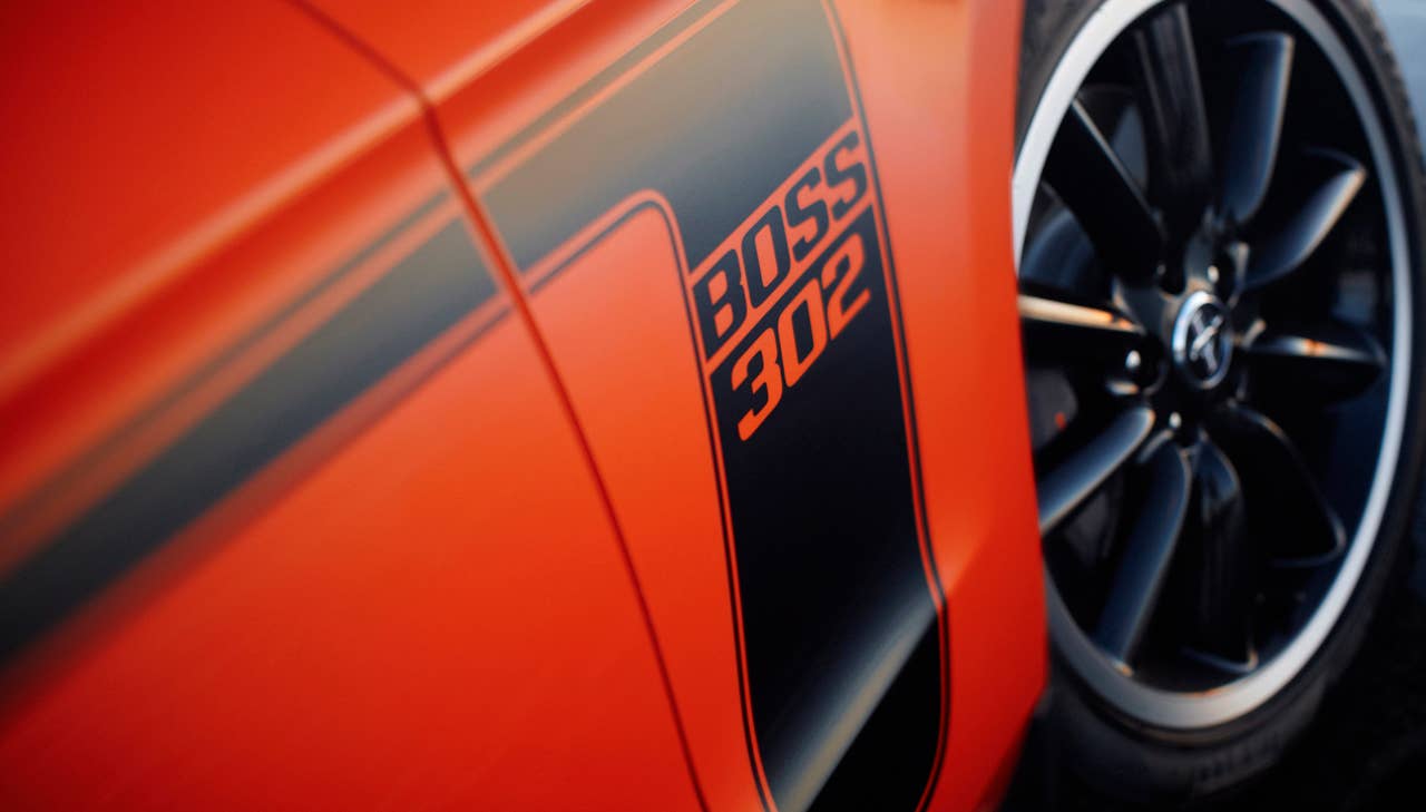 2012 Ford Mustang Boss 302: The high-performance 2012 Mustang Boss 302 features a unique exterior treatment, race-inspired wheels and aerodynamics and a high-revving 440-hp version of the company's all-new 5.0-liter V8. (08/13/2010)