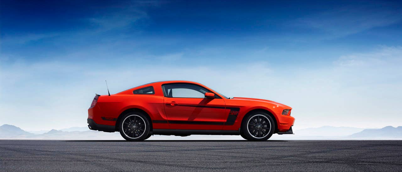 2012 Ford Mustang Boss 302: The high-performance 2012 Mustang Boss 302 features a unique exterior treatment, race-inspired wheels and aerodynamics and a high-revving 440-hp version of the company's all-new 5.0-liter V8. (08/13/2010)