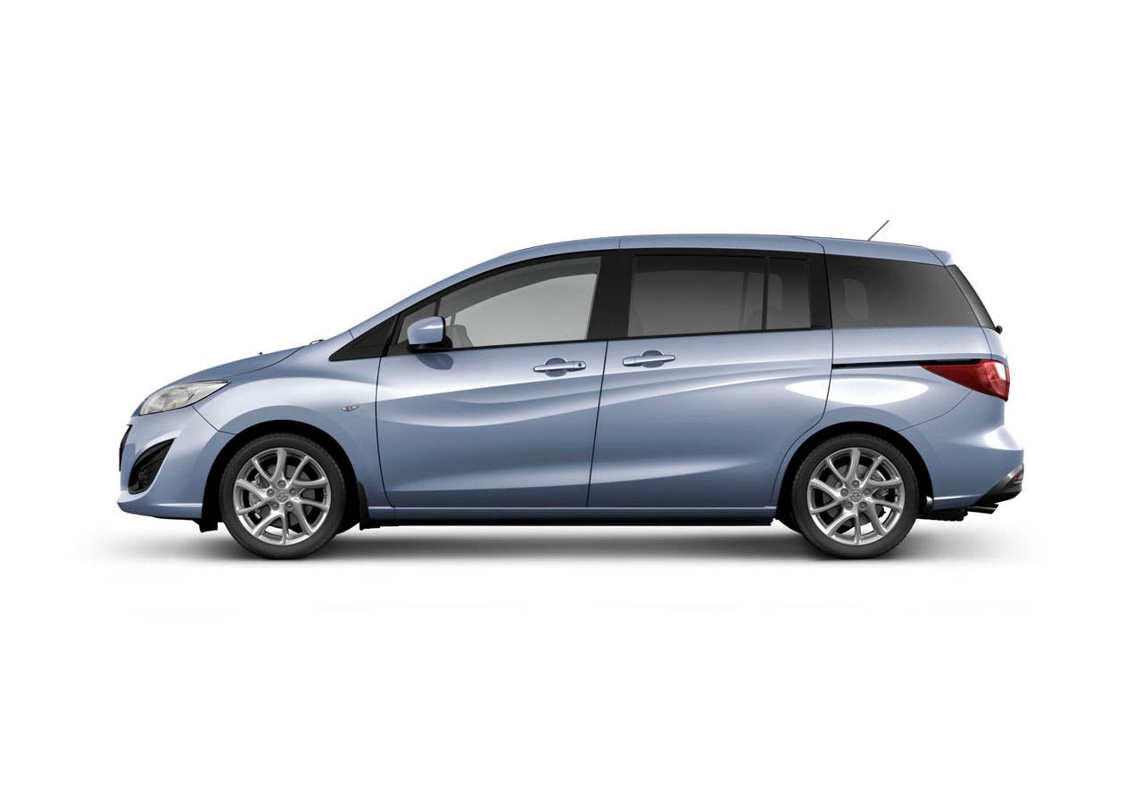 MAZDA5 EU HIGH GRADE (GER), NAP, LHD, 2.0L GE LFG (i-stop), 6MT, 17 Alloys, Discharge Headlight,Front Fog lamps, Rear Fog Lamp, Dark Silver Grille, Front Stone Guard(small), Rain Sensor Wipers, Dark Tinted Glass, Clear Water Blue Metallic, Bluetooth,Leather Steering Wheel & Silver withAudioSwitch, CD Changer & RDS, 6 Speakers, Full Auto A/C, Seat Warmer. (Options fitted -Power Slide Door -Black Leather Interior) (NOTE: Geneva Version is High grade GER version with head lamp cleaner and rear parking sensor removed for cleaner body shape image)