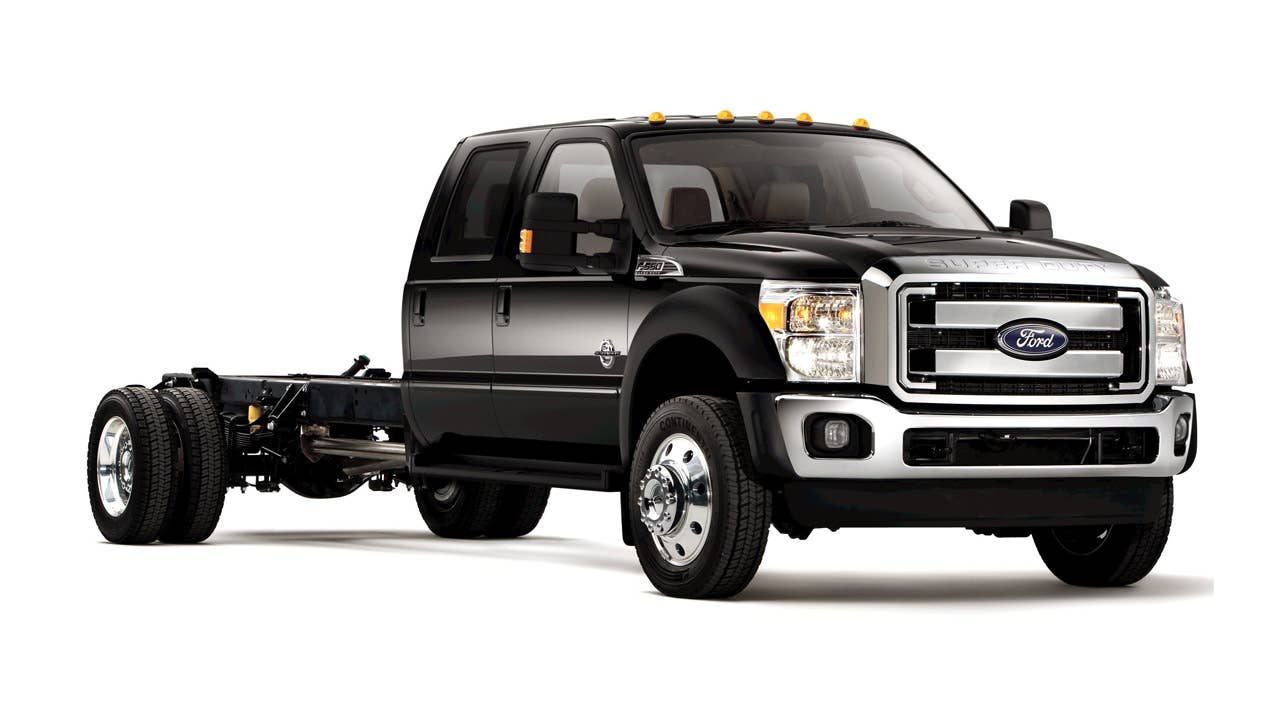 2011 Ford F-550 Super Duty: The 2011 Ford F-Series F-550 Super Duty chassis cab with the new 6.7-liter Power Stroke(R) V-8 turbocharged diesel engine. (2/25/2010)