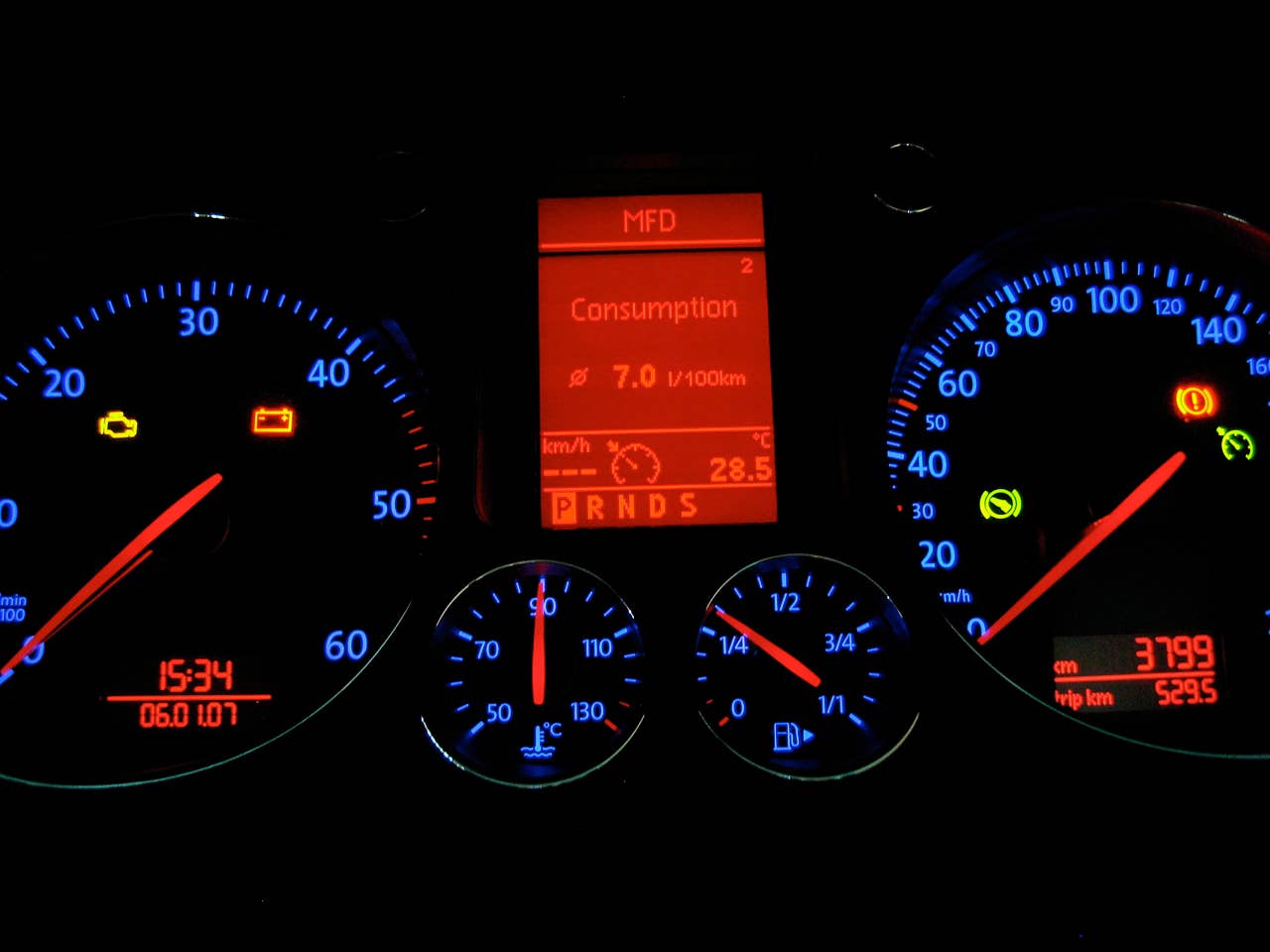 Instruments when the engine is on. Its very cool to watch the DSG transmission change up and down the gears on the tachometer