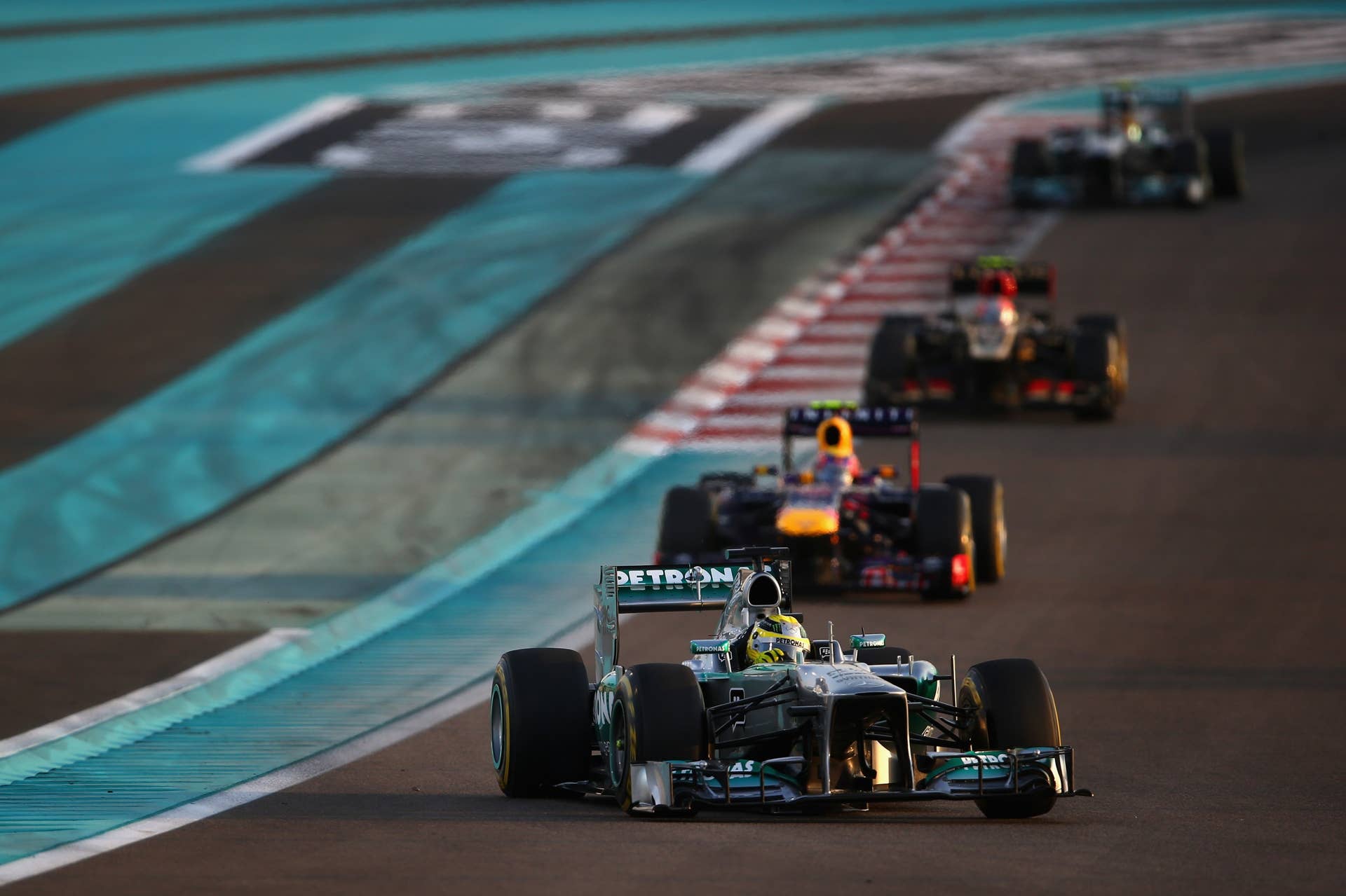 ABU DHABI, UNITED ARAB EMIRATES - NOVEMBER 03: Nico Rosberg of Germany and Mercedes GP drives during the Abu Dhabi Formula One Grand Prix at the Yas Marina Circuit on November 3, 2013 in Abu Dhabi, United Arab Emirates. (Photo by Paul Gilham/Getty Images)