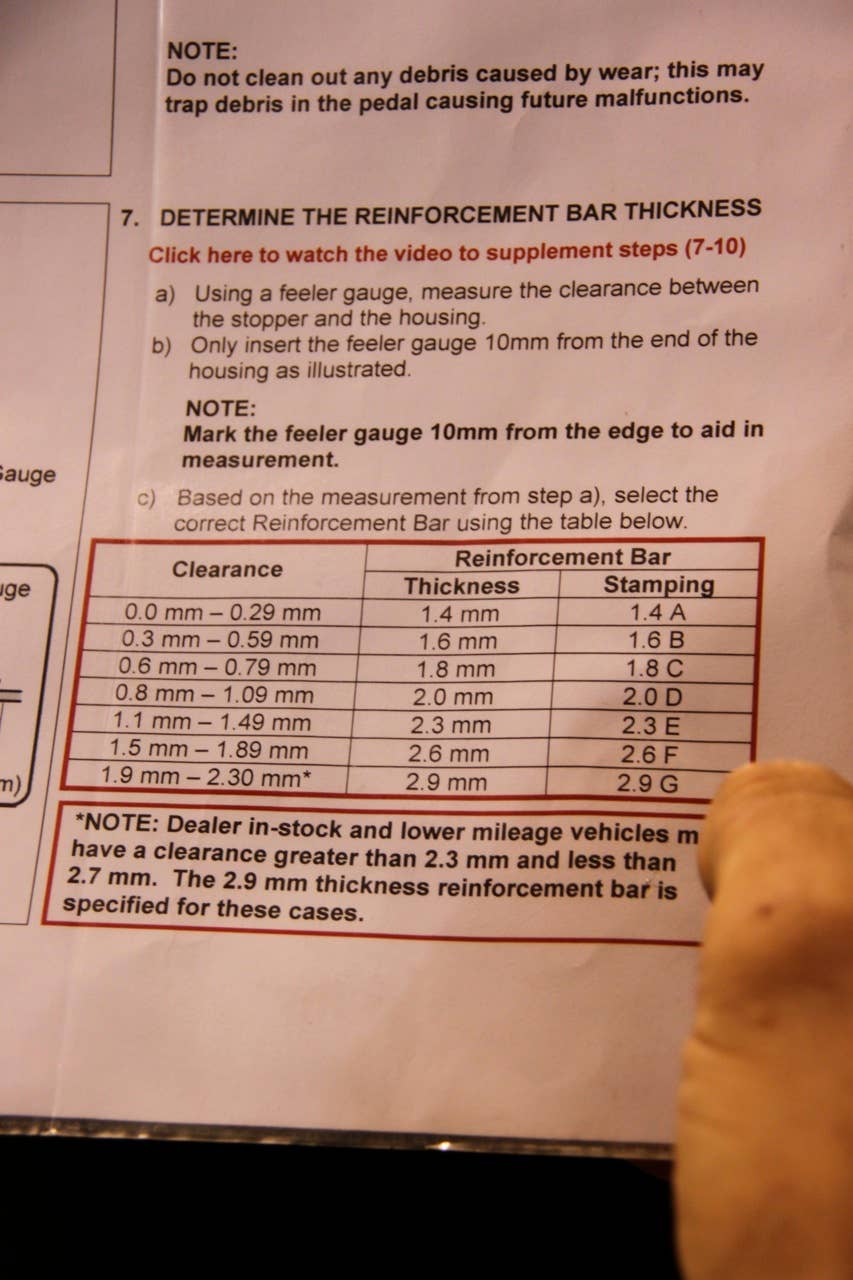 Toyota provides an instruction chart that specifies the shim thickness to use based on the measured gap.