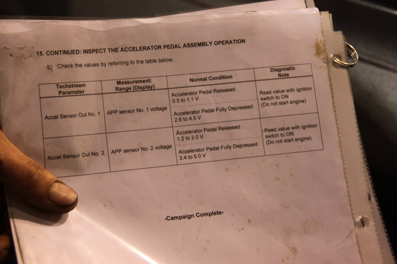 Another Toyota supplied instruction chart lists the voltages that the pedal position sensor should be outputting.