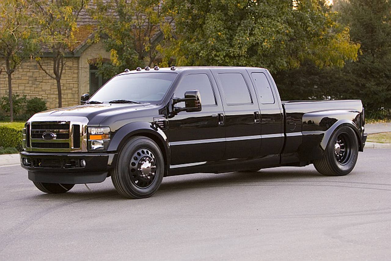 If you truly love your bike, then you'll really love this truck. Dallas Smith Corp., the world's leader in Axleless®, Lo-floor? vehicles has applied its unique front-drive technology to the 2008 Ford F-450 Super Duty to deliver the ultimate hauler for your Harley. The 6.4-liter Powerstroke® turbo-diesel supplies plenty of pulling power for this low-rider, while the extra-extended cab and Katzkin leather interior provide plenty of comfort for the long haul. The Deep-V bed is custom-made for safe and secure transportation of your two-wheeled prized possession. Just drop the gate for easy loading and unloading. The DeBerti F-450 looks sharp in deep black PPG paint accented with bright purple pinstripes at the beltline and Alcoa aluminum wheels wearing large Bridgestones.