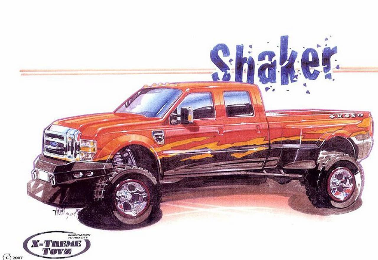 This truck will leave you shaken and stirred. The Shaker 4x450 from X-Treme Toyz is the ultimate in off-road playthings. The massive F-450 sits 10-inches over stock on a Fabtech suspension with Dirt Logic shocks and X-Treme Toyz front and rear torsion sway bar system. American Force 22-inch wheels wear Toyo 40x15.5xR22 M/T Open Country Rubber. The 6.4-liter PowerStroke® diesel gets a power boost from a Banks Six Gun power tuner and AFE intake system. The bright red-on-black paint scheme by Matrix highlights the Fab Fours front and rear bumpers and Amp Research power steps. The sliding cargo floor uses a Thule Xporter rack system with bike mounts for the Cannondale mountain bikes. The Roadwire leather interior features a Seat Comfort Systems massaging front seats with entertainment courtesy of a Kenwood audio, video and navigation system.