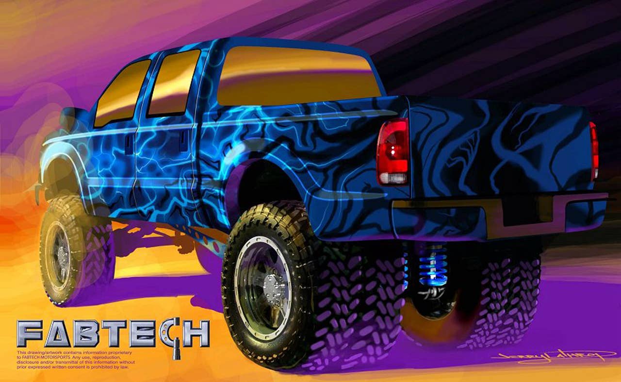 Project "Power Storm" fuses extreme off-road with pro-street muscle to create this one-of-a-kind monster truck. Fabtech lifted the F-350 10 inches over stock and bolted the four-link suspension, Dirt Logic coil over shocks and a Fabtech custom Dana rear axle to a narrowed frame. American Force 20x12-inch front and 20x8-inch rear wheels accented with Fabtech custom lug nuts and wheels caps, mount Toyo 40/1550R20 Mud Terrain tires. The body enhanced with Fabtech custom air extractors and rear fender wells, a Precision billet grille, Sir Michaels roll pan and AMP Research electric side steps. The electrifying graphics are done by Haney Designs with House of Kolor paint. Cal & Ed's Temecula Audio and Video installed the Clarion sight and sound hardware, while Tito's custom upholstery, Recon doorsills and a Rhino bed liner round out the list of amenities.