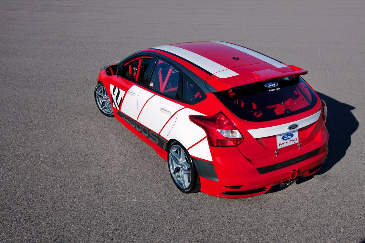 Focus Race Car Concept: The Ford Focus race car concept by Ford Racing makes its global debut at the 2010 Los Angeles International Auto Show. Powered by a 2.0-liter Ford EcoBoost turbo engine, the Focus race car concept is built to compete in global road and touring car racing. (11/17/2010)