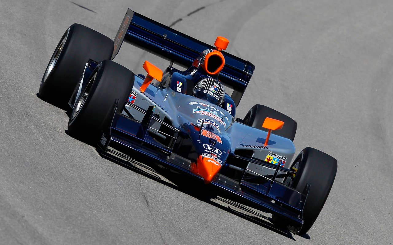 E.J. Viso of Venezuela, drives the #8 PDVSA Jet Aviation KVRT Dallara Honda, during practice for the IRL Indycar Series Iowa Corn Indy 250 on June 19, 2010 at the Iowa Speedway in Newton, Iowa.
