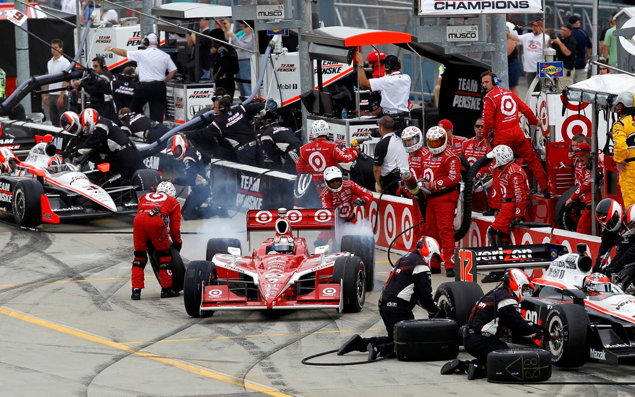 Scott Dixon of New Zealand, driver of the #9 Target Chip Ganassi Racing Dallara Honda, pits during the IRL Indycar Series Iowa Corn Indy 250 on June 20, 2010 in Newton, Iowa.