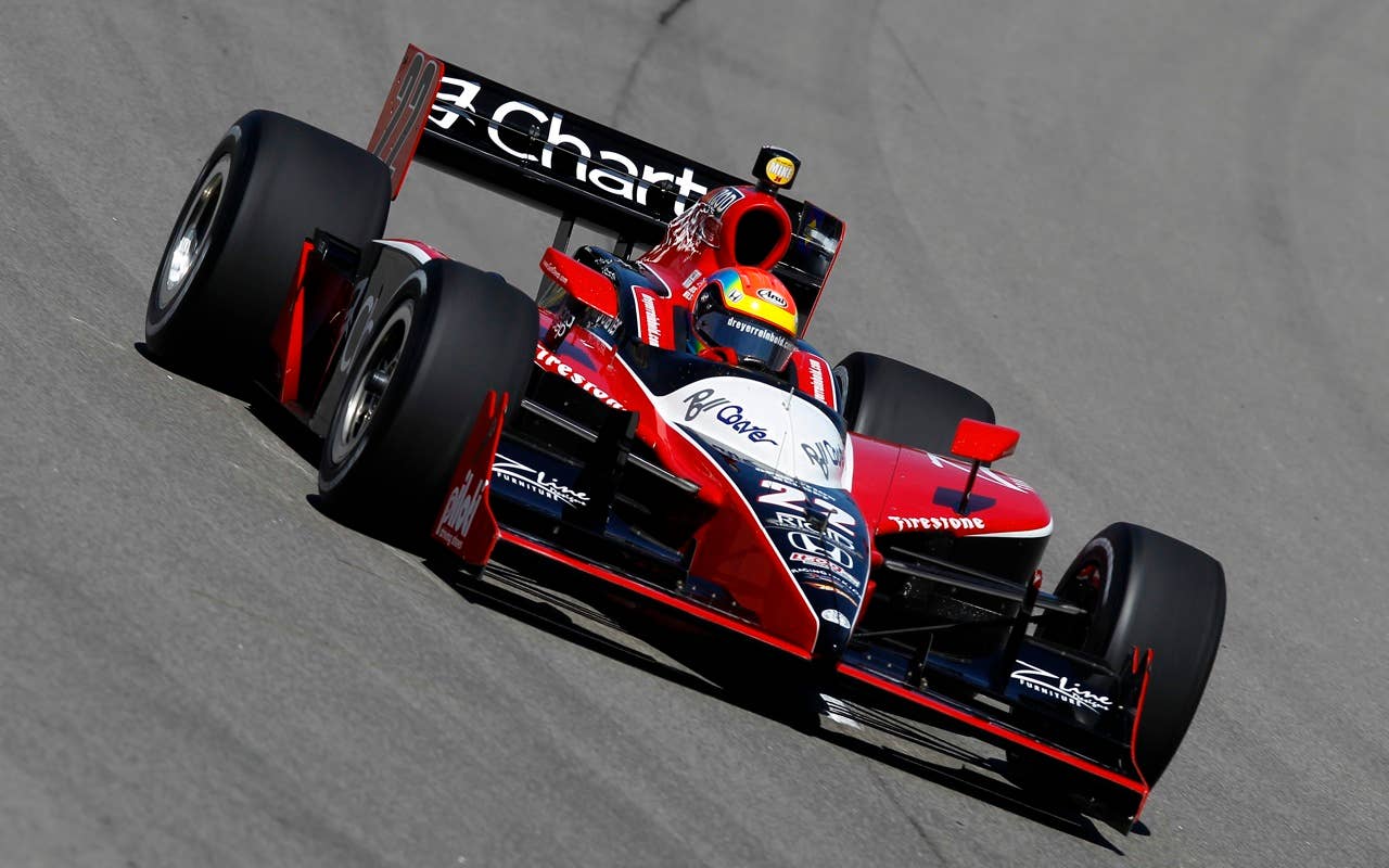 Justin Wilson of England, driver of the #22 Team Z-Line Design Dreyer & Reinbold Racing Dallara Honda, practices for the IRL Indycar Series Iowa Corn Indy 250 on June 19, 2010 at the Iowa Speedway in Newton, Iowa.