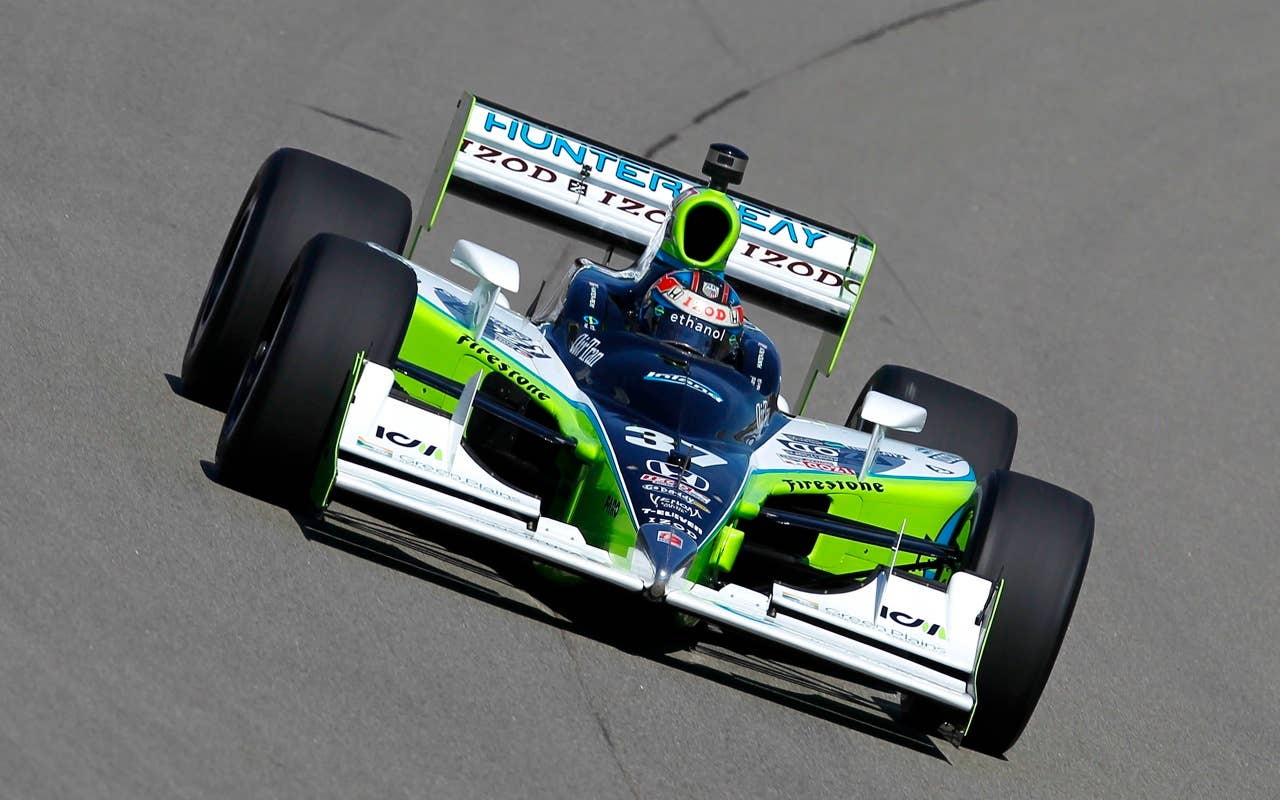 Ryan Hunter-Reay, driver of the #37 Team IZOD Andretti Autosport Dallara Honda, practices for the IRL Indycar Series Iowa Corn Indy 250 on June 19, 2010 at the Iowa Speedway in Newton, Iowa.