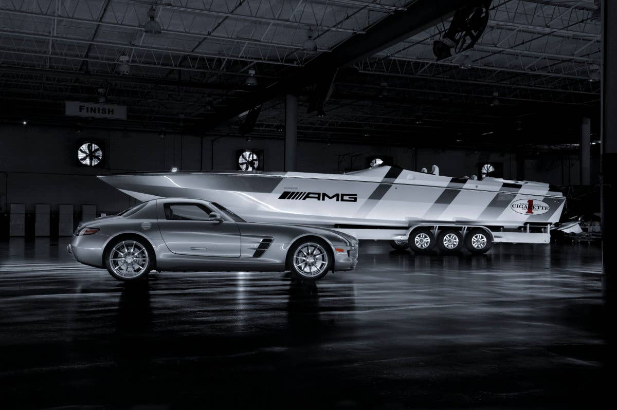 Mercedes-Benz SLS AMG and Cigarette Racing Boat.