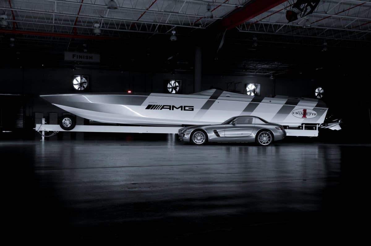 Mercedes-Benz SLS AMG and Cigarette Racing Boat.