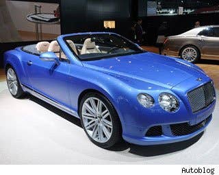 Shown at the Detroit Auto Show in a Mediterranean blue hue, the Bentley GT Speed Convertible definitely looks like it will fit into the lifestyles of the rich and famous.  The car comes with some impressive numbers: a 6.0-liter W-12 engine that pumps out 616 horsepower, 590 pound-feet of torque, and a top speed of 202 miles per hour.  Oh, and Bentley says it should get 15 percent better fuel economy. Not that anyone who can afford this car is worried about the price of gas.  Read More Bentley Continental GT Speed Convertible Info Bentley Continental GT Speed Convertible Photos