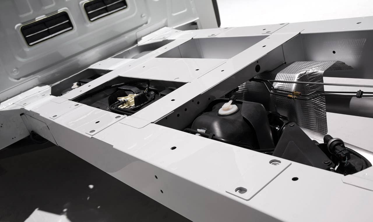 Ford Transit: Chassis cab and cutaway models feature high-strength steel in the uni-ladder frame rails and offer extension plates for mounting extra-length body upfits. (03/04/2013)