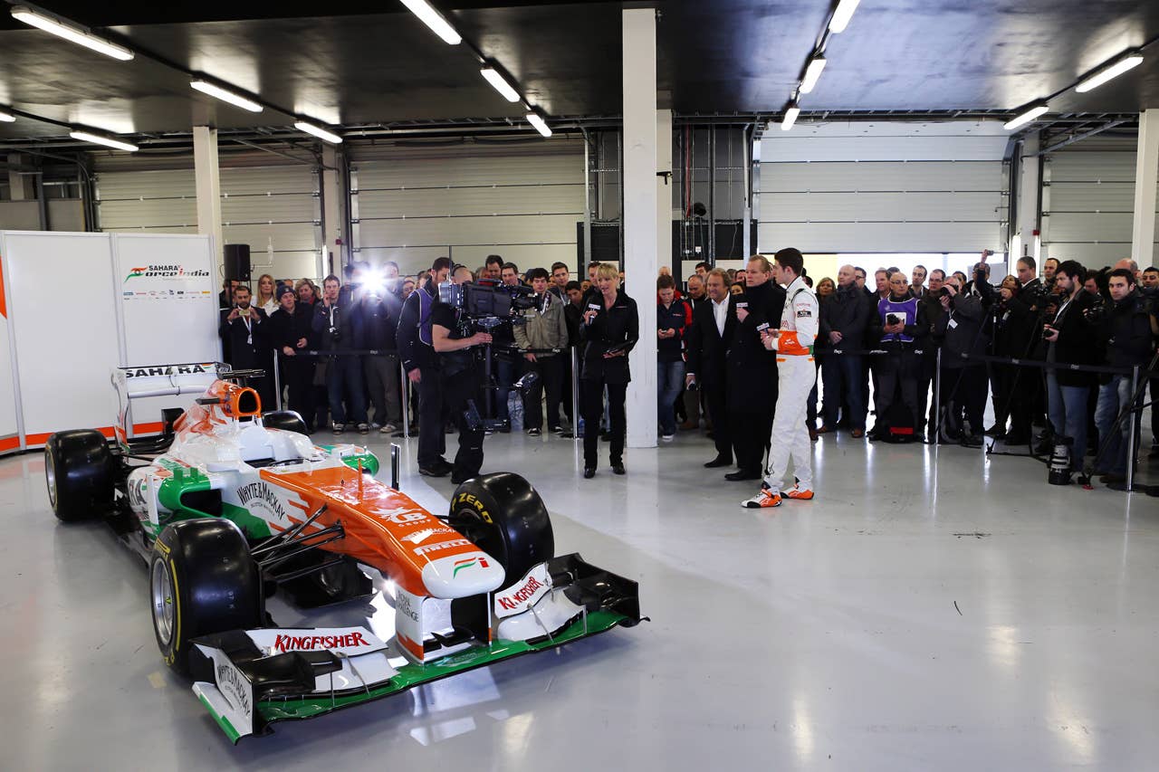 Paul di Resta (GBR) Sahara Force India VJM06 with Sky Sports F1. Sahara Force India F1 VJM06 Launch, Friday 1st February 2013. Silverstone, England.