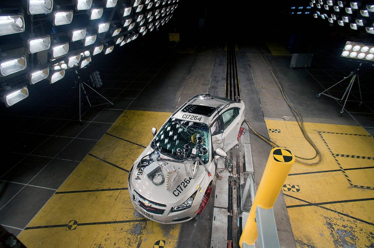 The 2011 Chevrolet Cruze fuel-efficient sedan undergoes crash testing Friday, April 16, 2010 in Milford, Michigan. The new Cruze offers class-leading fuel economy, the spaciousness and amenities of a midsize car, and more safety features than other vehicles in it class. (Photo by Jeffrey Sauger for Chevrolet)