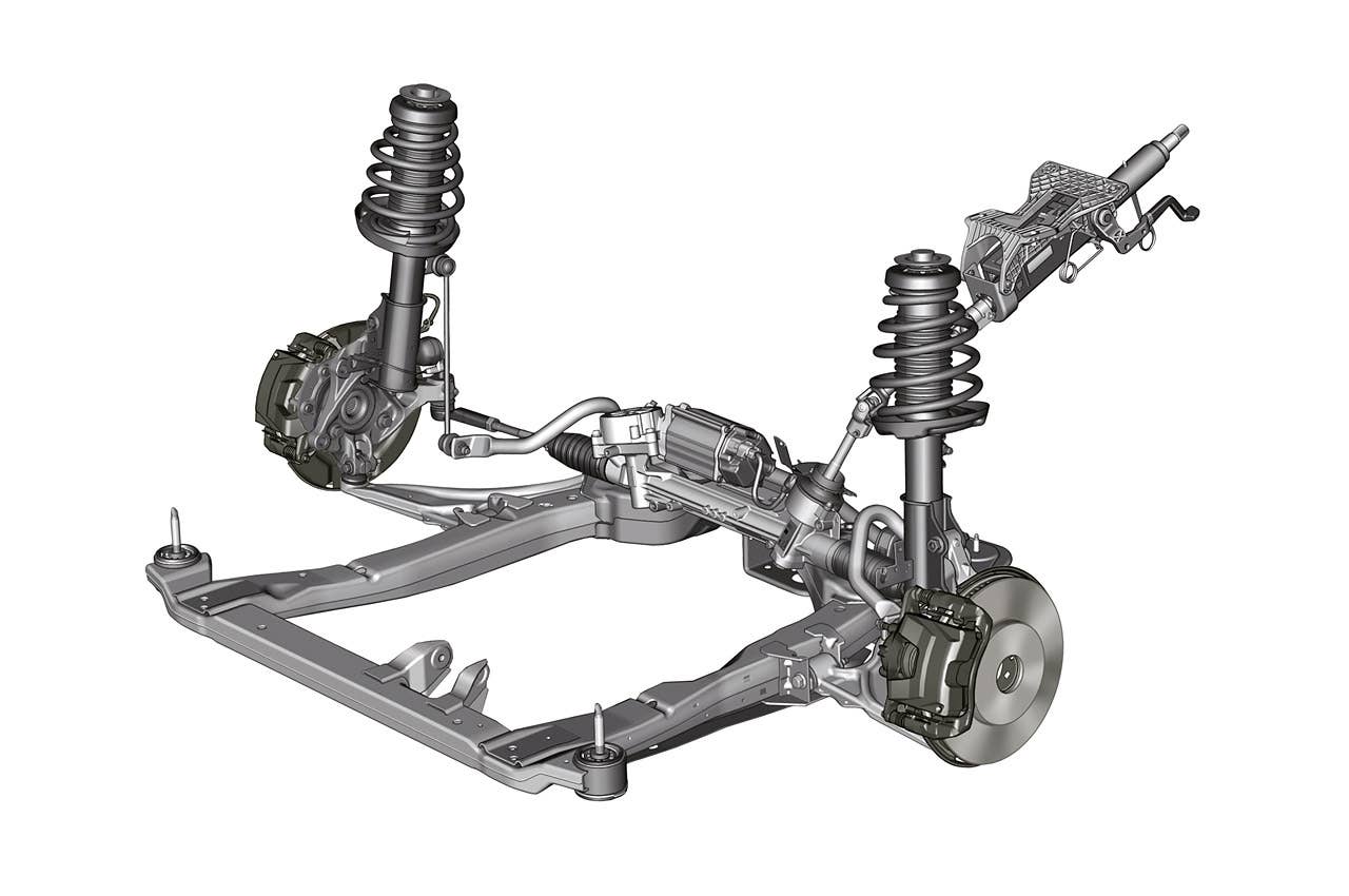 The 2011 Chevrolet Cruze front suspension is a fully independent, decoupled MacPherson spring over damper design where normal damper loads are decoupled from the harsh jounce loads for better isolation and ride control. Lower control arms and front knuckles are lightweight aluminum for better wheel control on rough surfaces. New hydraulic ride bushings improves NVH. The steering system is a dual pinion rack-mounted electric power system that provides precise control, responsiveness and direct on-center feel.