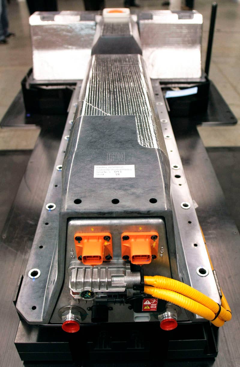 BROWNSTOWN TOWNSHIP, MI - JANUARY 07: A battery pack for the General Motors Chevrolet Volt extended-range electric vehicle sits on display on the assembly line at the GM Brownstown Battery Pack Assembly Plant January 7, 2010 in Brownstown Township, Michigan. GM is the first major automaker to manufacture an advanced lithium-ion battery pack in the U.S. Image by Bill Pugliano/Getty Images.