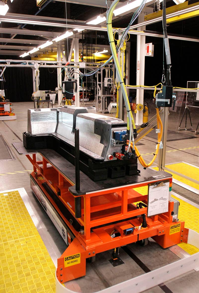 BROWNSTOWN TOWNSHIP, MI -  JANUARY O7:  A battery pack for the General Motors Chevrolet Volt extended-range electric vehicle sits on display on the assembly line at the GM Brownstown Battery Pack Assembly Plant January 7, 2010 in Brownstown Township, Michigan.  GM is the first major automaker to manufacture an advanced lithium-ion battery pack in the U.S. Image by Bill Pugliano/Getty Images.