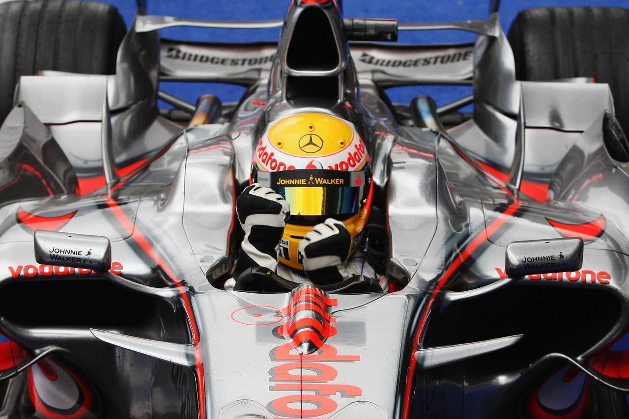 SPA FRANCORCHAMPS, BELGIUM - SEPTEMBER 07: Lewis Hamilton of Great Britain and McLaren Mercedes celebrates in parc ferme after winning the Belgian Grand Prix at the Circuit of Spa Francorchamps on September 7, 2008 in Spa Francorchamps, Belgium. (Photo by Mark Thompson/Getty Images)