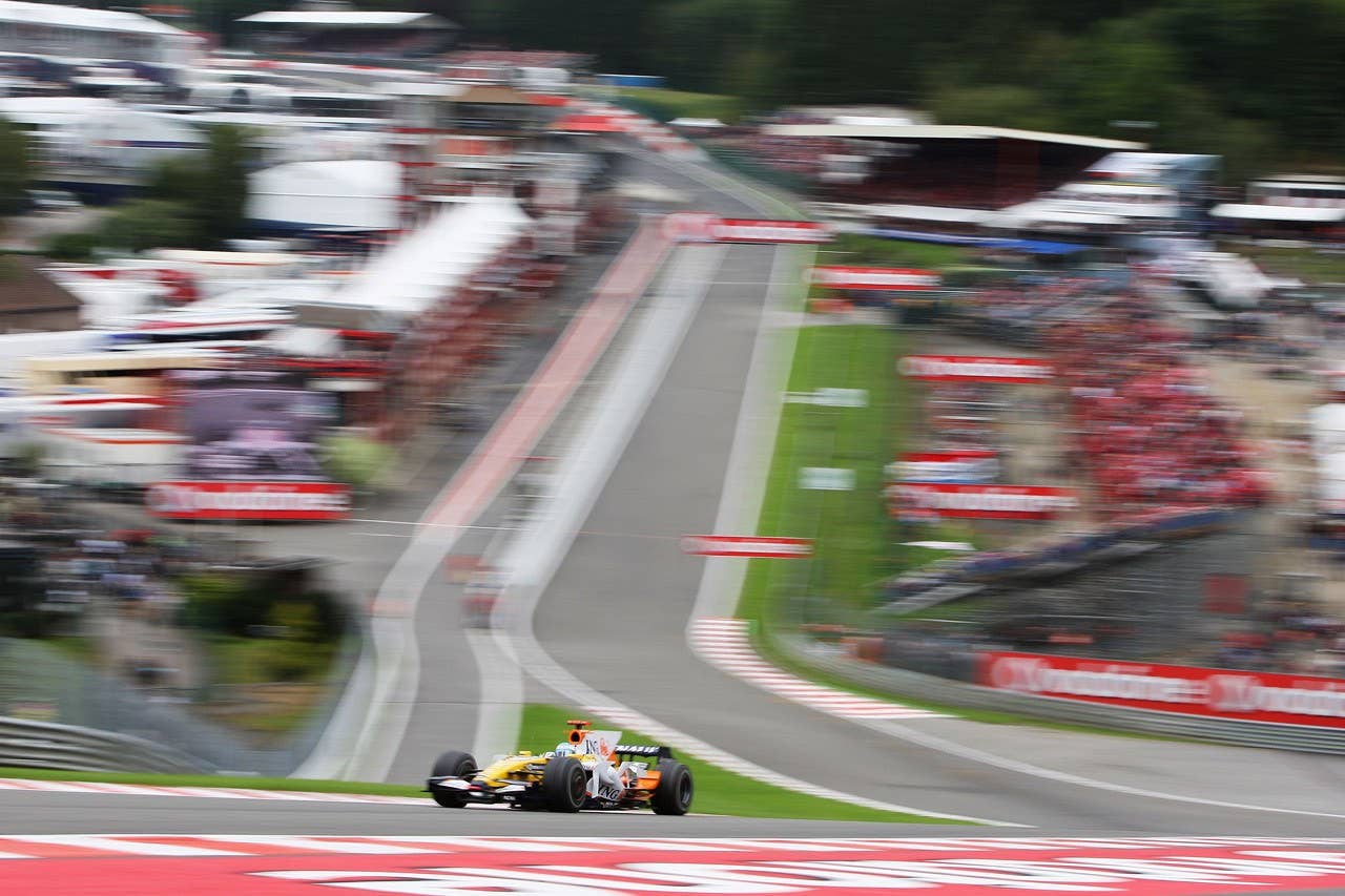 SPA FRANCORCHAMPS, BELGIUM - SEPTEMBER 07: Fernando Alonso of Spain and Renault drives through Eau Rouge corner during the Belgian Grand Prix at the Circuit of Spa Francorchamps on September 7, 2008 in Spa Francorchamps, Belgium. (Photo by Mark Thompson/Getty Images)