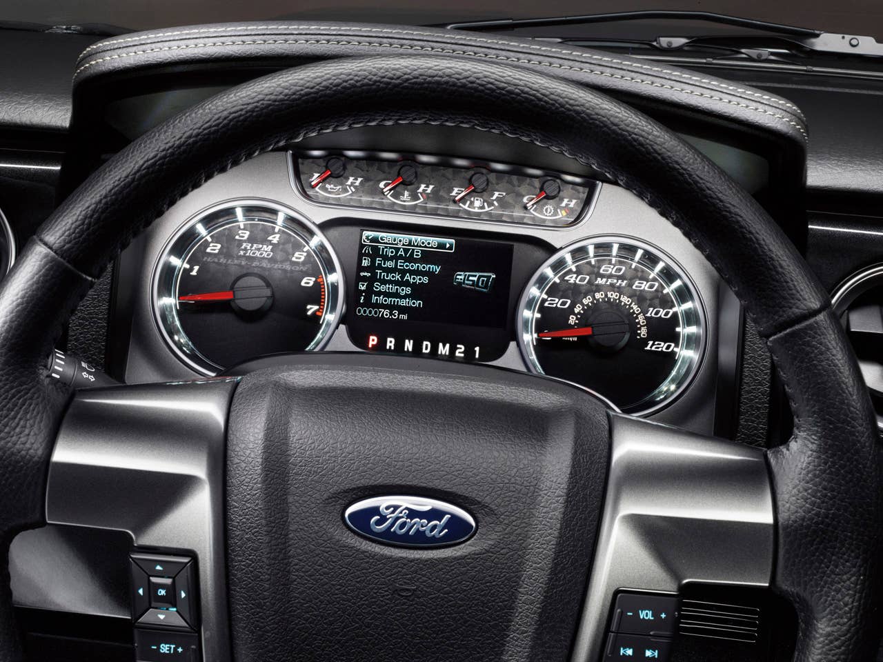 2011 Ford Harley-Davidson F-150: The 2011 Ford Harley-Davidson F-150 offers a standard 4.2-inch LCD productivity screen. This screen offers menu options, giving the customer important information related to fuel economy and towing performance.