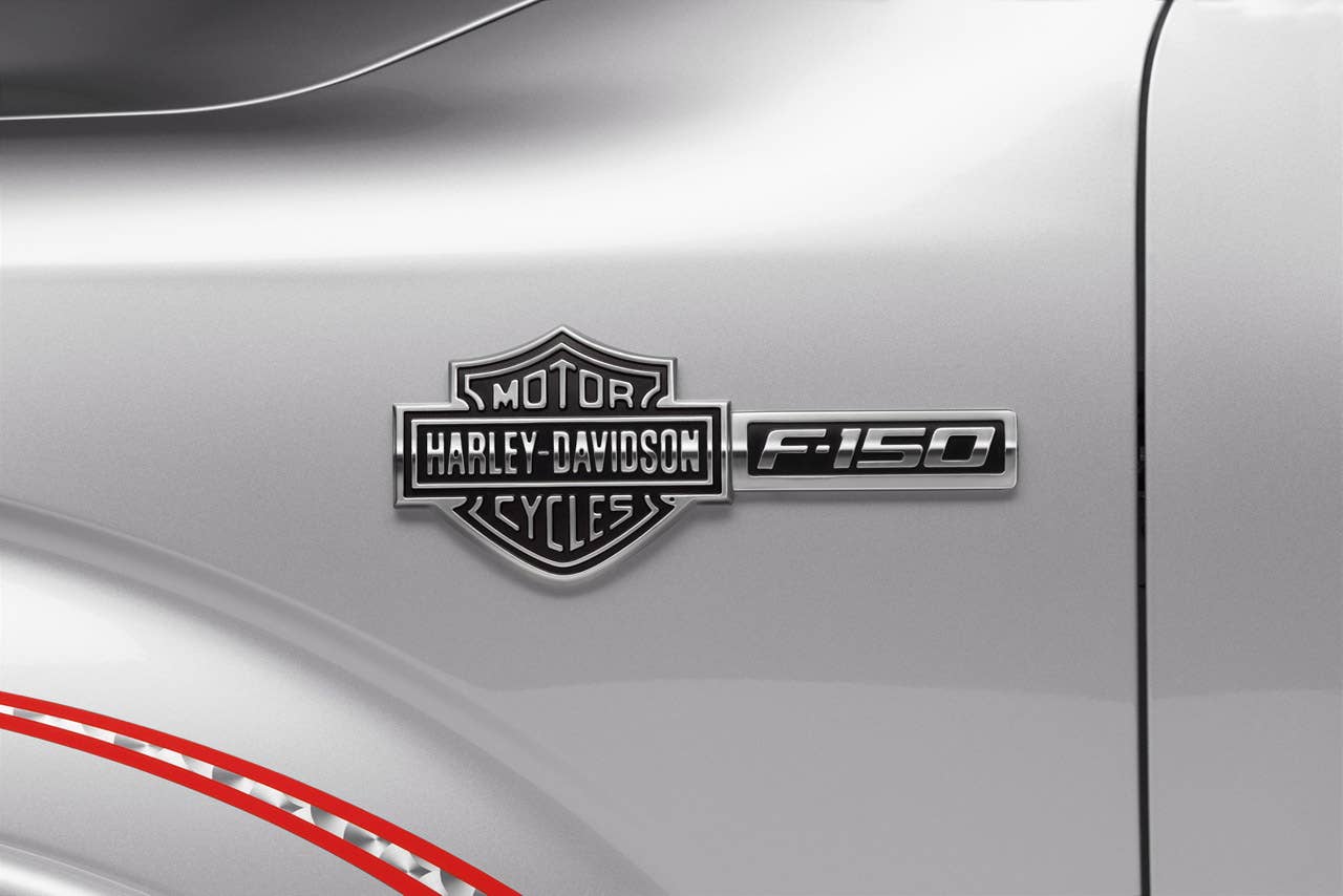 2011 Ford Harley-Davidson F-150: The exterior of the 2011 Ford Harley-Davidson F-150 offers a bold front fascia and six-bar-shaped billet-style satin chrome grille and boasts "Harley-Davidson" satin chrome badging. The truck also has a lowered appearance because of a standard, fully integrated deployable running board.
