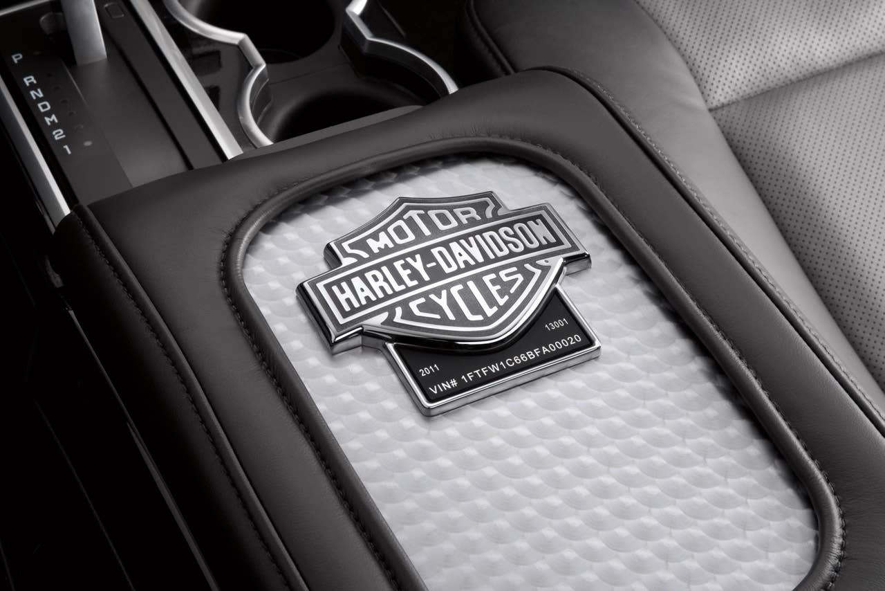 2011 Ford Harley-Davidson F-150: The 2011 Ford Harley-Davidson F-150 interior is customized to appeal to the truck buyer who appreciates the attention to detail for which both Ford and Harley-Davidson are renowned. The console lid features a handmade cloisonn badge that are produced by the same company that makes badges for Harley-Davidson motorcycles.