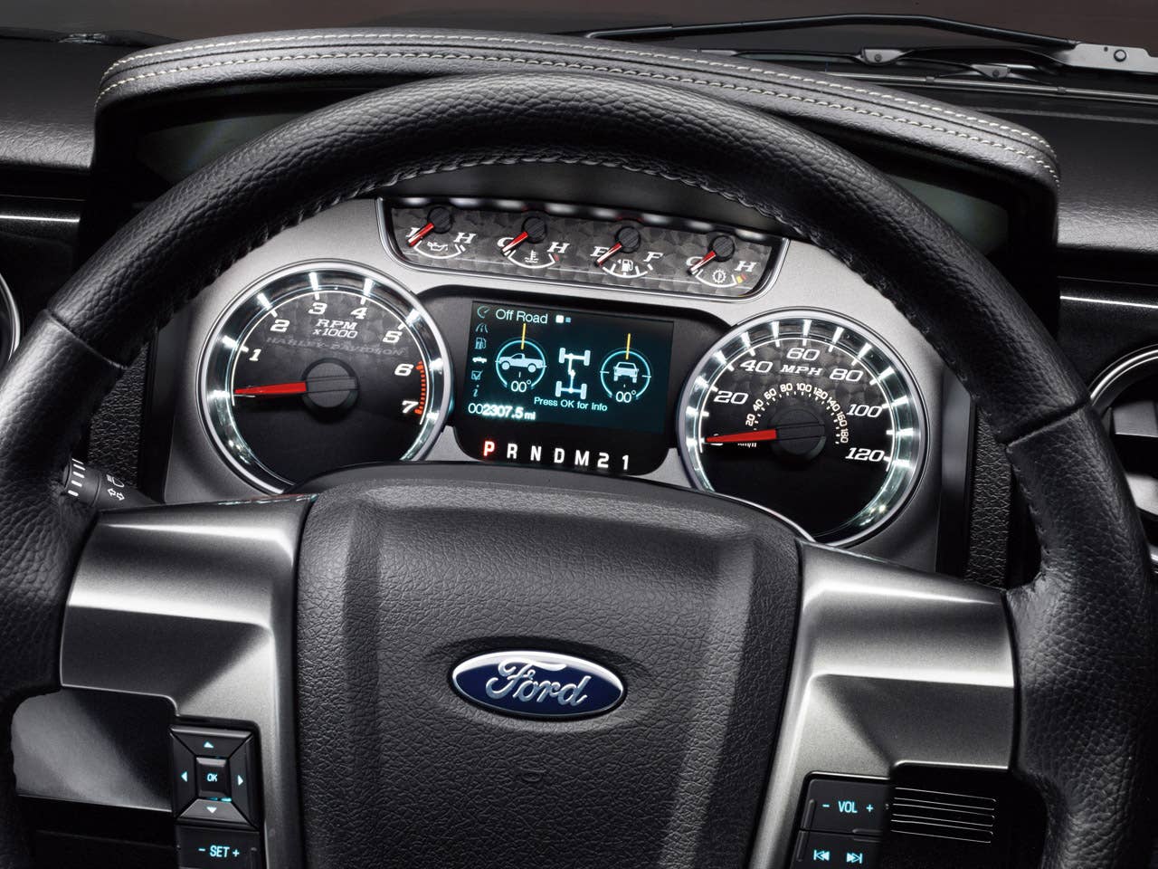 2011 Ford Harley-Davidson F-150: The 2011 Ford Harley-Davidson F-150 offers a standard 4.2-inch LCD productivity screen. This screen offers menu options, giving the customer important information related to fuel economy and towing performance.