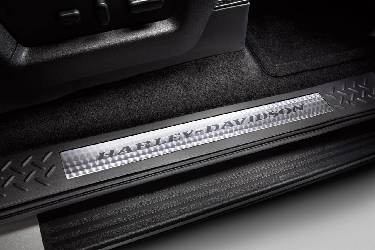2011 Ford Harley-Davidson F-150: New graphics on the hood and body side of the 2011 Ford-Harley Davidson F-150 are executed in an engine-turned finish and feature dimensional satin chrome. The door scuff plate and console lid also carry the engine-turned finish.