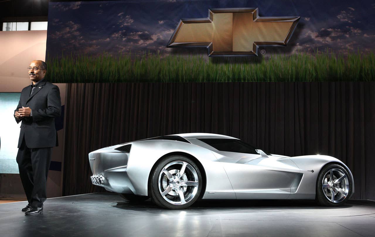 General Motors Vice President Global Design Ed Welburn unveils the Corvette vision concept at the Chicago Auto Show in Chicago, IL Wednesday, February 11, 2009. The vehicle will debut as the character 'Sideswipe' in the upcoming DreamWorks Pictures and Paramount Pictures release, Transformers: Revenge of the Fallen. The vehicle was dreamed up by the Corvette designers at GM and is influenced by the original Stingray race car introduced in 1959. The movie will feature four new Chevrolet characters and open in the United States on June 26. (Photo by Tyler Mallory for General Motors)