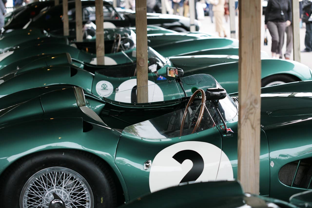 Line-up of Aston Martins, starting with the DBR1