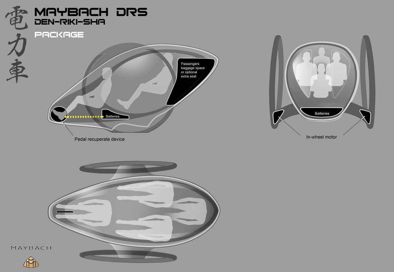 Powered by a self balancing electric drive unit and controlled by an onboard computer that is plugged into a mega citys transport infrastructure, the MAYBACH DRS delivers a smooth, luxurious journey cross town. To extend its range, this human-electric hybrid allows pedaling power to be supplemented by the driver. Meanwhile, the passengers enjoy the journey in their glamorous surroundings.