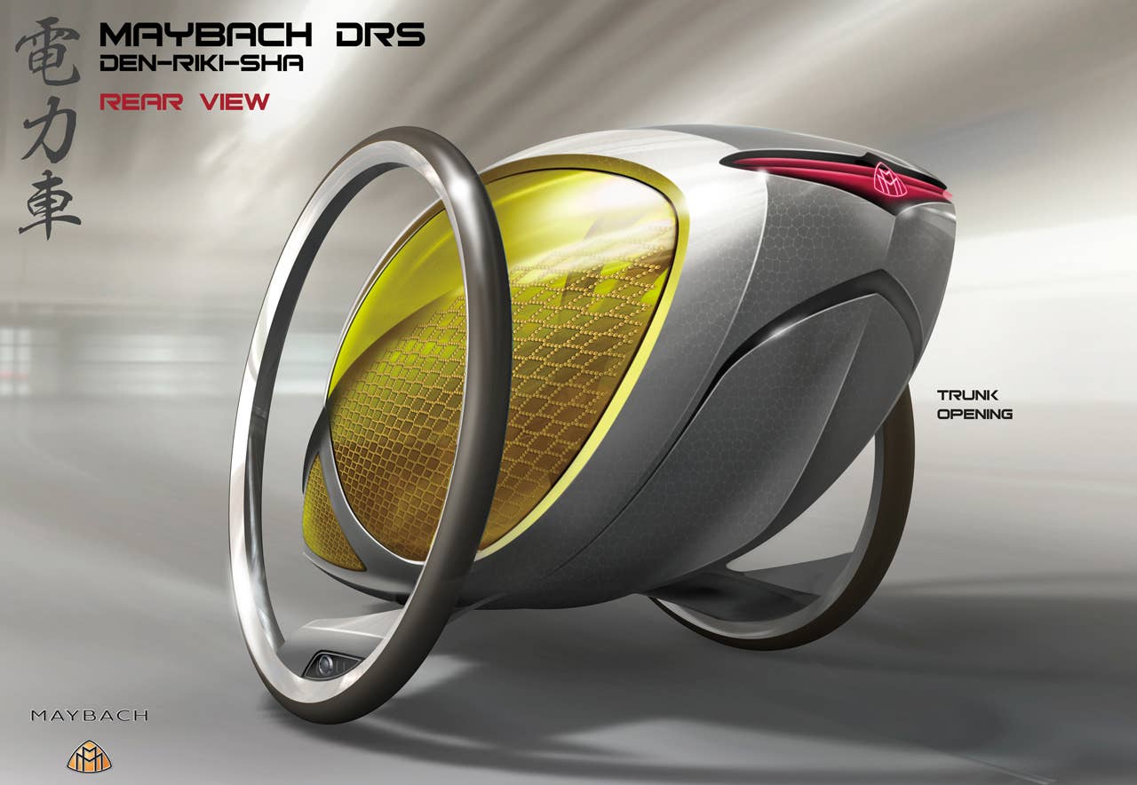 Powered by a self balancing electric drive unit and controlled by an onboard computer that is plugged into a mega citys transport infrastructure, the MAYBACH DRS delivers a smooth, luxurious journey cross town. To extend its range, this human-electric hybrid allows pedaling power to be supplemented by the driver. Meanwhile, the passengers enjoy the journey in their glamorous surroundings.