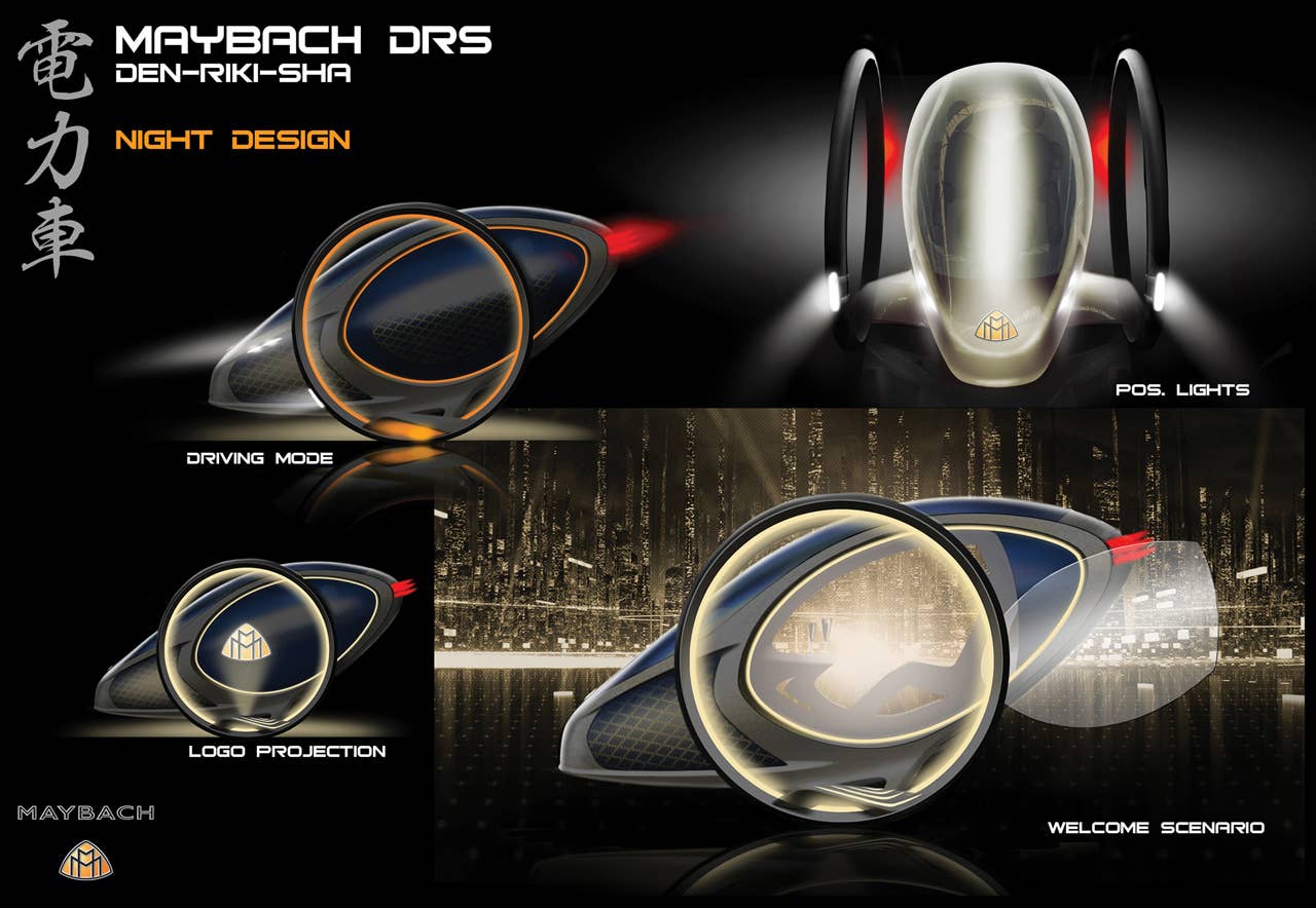 Powered by a self balancing electric drive unit and controlled by an onboard computer that is plugged into a mega citys transport infrastructure, the MAYBACH DRS delivers a smooth, luxurious journey cross town. To extend its range, this human-electric hybrid allows pedaling power to be supplemented by the driver. Meanwhile, the passengers enjoy the journey in their glamorous surroundings.