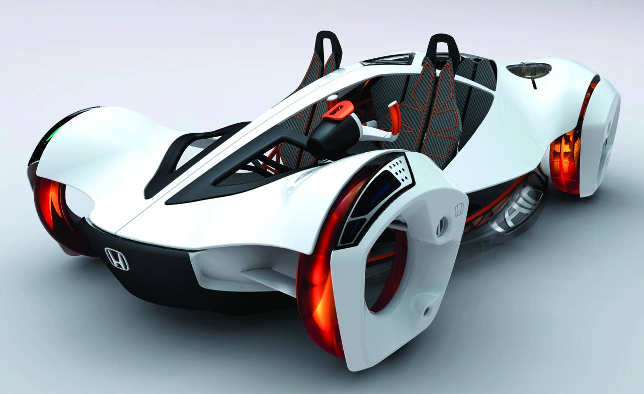 The Honda Air concept is a vision of the future of lightweight and alternative fuel performance vehicles; a coastal cruiser for the aggressive lifestyle. Inspired by the modern roller coaster as well as skydiving wing-suits, the Air is powered by a compressed air and pneumatic regulator system.