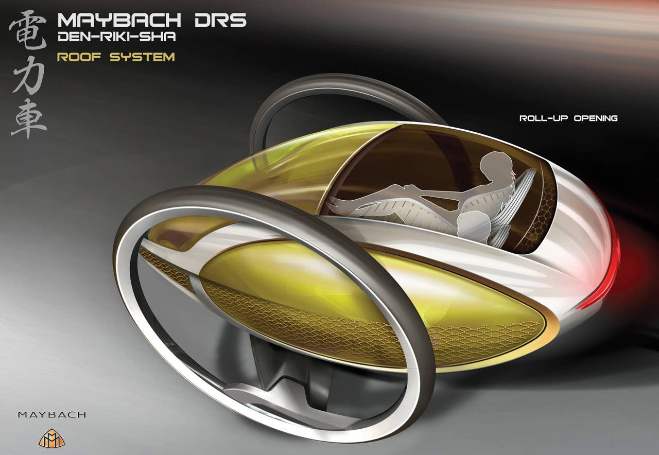 Powered by a self balancing electric drive unit and controlled by an onboard computer that is plugged into a mega citys transport infrastructure, the MAYBACH DRS delivers a smooth, luxurious journey cross town. To extend its range, this human-electric hybrid allows pedaling power to be supplemented by the driver. Meanwhile, the passengers enjoy the journey in their glamorous surroundings.