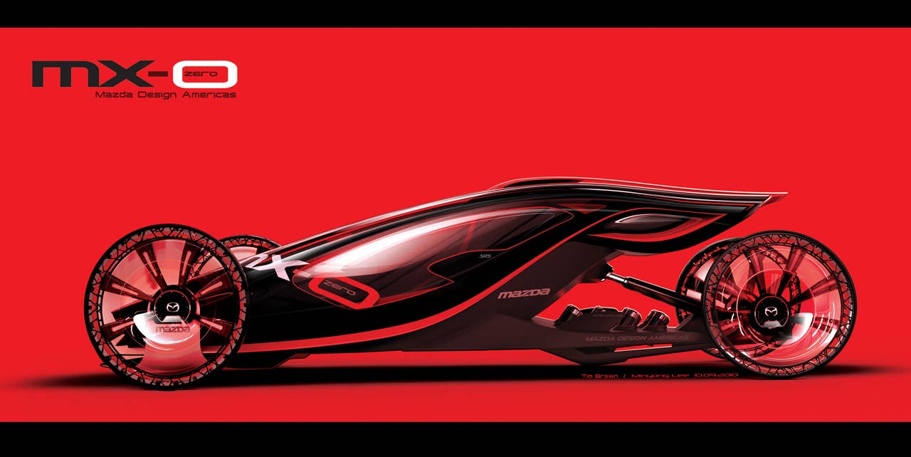 At the heart of the MX-0 is its purpose as a driving beast. Its ultra-light mass is pushed by high-torque electric motors. High power-to-weight is where a Mazda comes alive. Impossible acceleration and instant cornering is the result. Its more like flying than driving. Zero hindrance. Driving bliss.